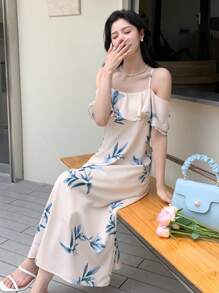 DAZY Floral Print Cold Shoulder Ruffle Trim Dress Sundress - Beige - View 8