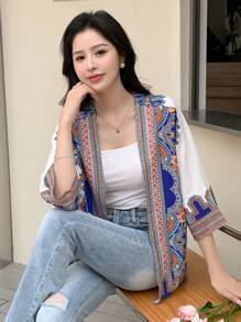 DAZY Graphic Print Open Front Blouse Boho Vacation Outfits Women - Blue - View 1