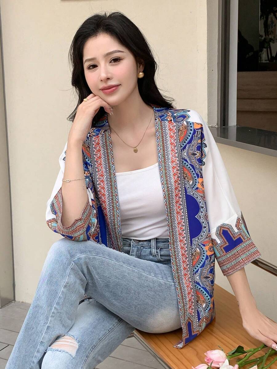 DAZY Graphic Print Open Front Blouse Boho Vacation Outfits Women - Blue - View 1