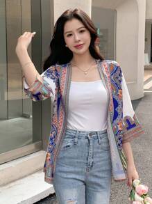 DAZY Graphic Print Open Front Blouse Boho Vacation Outfits Women - Blue - View 8