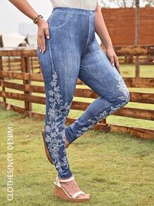 EMERY ROSE 大碼印花緊身打底褲 - 藍色 - 查看 1