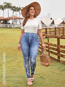 EMERY ROSE 大碼印花緊身打底褲 - 藍色 - 查看 5