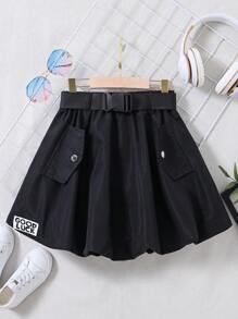 SHEIN Tween Girl Flap Detail Bubble Hem Skirt - Black - View 1