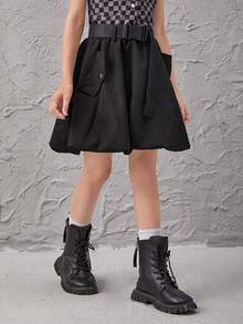 SHEIN Tween Girl Flap Detail Bubble Hem Skirt - Black - View 3