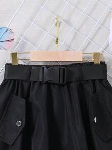 SHEIN Tween Girl Flap Detail Bubble Hem Skirt - Black - View 5