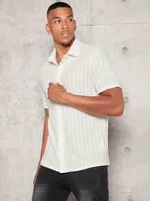 GENTILAND Áo sơ mi nam tay ngắn cài nút đơn giản, rộng rãi - Màu be - Xem 5