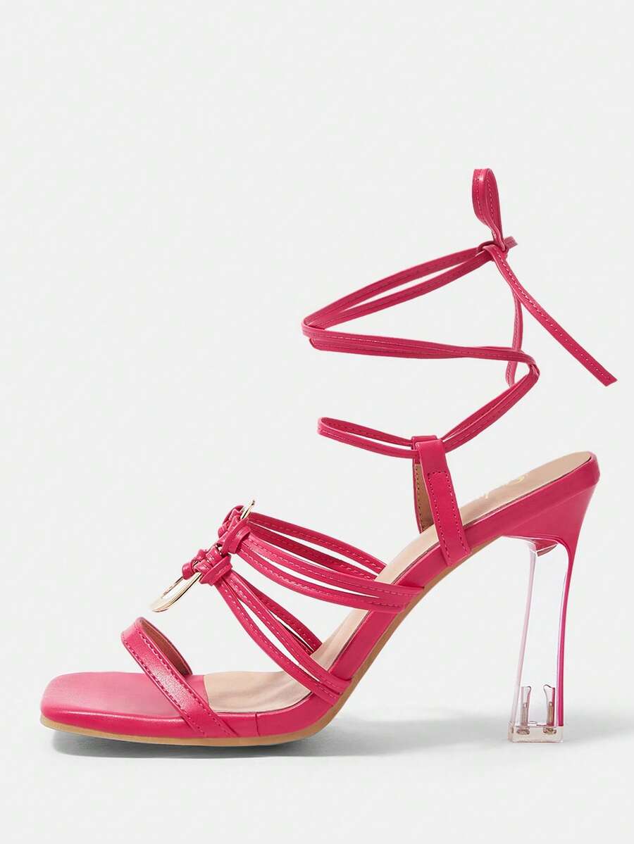 SheIn SXY Sandal cao gót quai ngang mũi vuông màu hồng thời trang - Màu Hồng Tươi - Xem 1