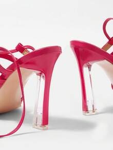 SheIn SXY Sandal cao gót quai ngang mũi vuông màu hồng thời trang - Màu Hồng Tươi - Xem 4