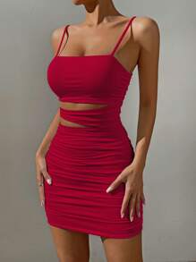 Allurite Cut Out Ruched Cami Bodycon Dress Burgundy Color Women Outfit - Burgundy - View 3