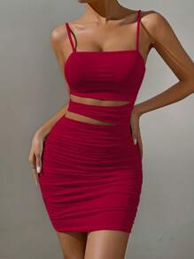 Allurite Cut Out Ruched Cami Bodycon Dress Burgundy Color Women Outfit - Burgundy - View 4