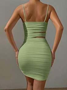 Allurite Cut Out Ruched Cami Bodycon Dress - Green - View 2
