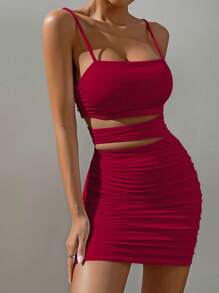 Allurite Cut Out Ruched Cami Bodycon Dress Burgundy Color Women Outfit - Burgundy - View 5