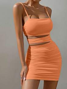 Allurite 鏤空側收褶吊帶緊身洋裝 - 珊瑚橙 - 查看 3