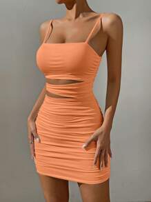 Allurite 鏤空側收褶吊帶緊身洋裝 - 珊瑚橙 - 查看 5