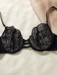 花卉蕾絲鋼圈胸罩 - 黑色 - 查看 2