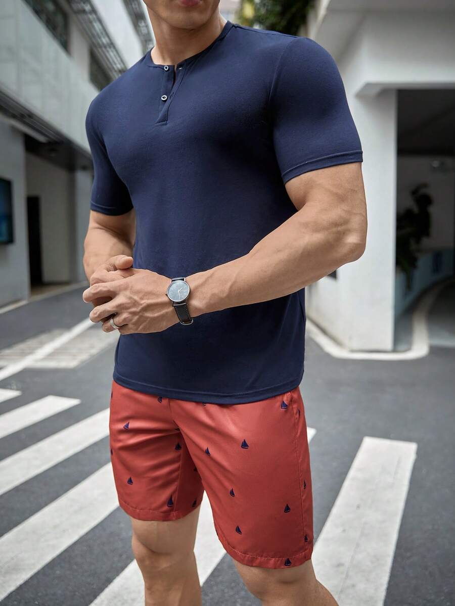 Manfinity VCAY Nam Chất rắn Nút phía trước Áo thun & quần đùi - Nhiều màu - Xem 1