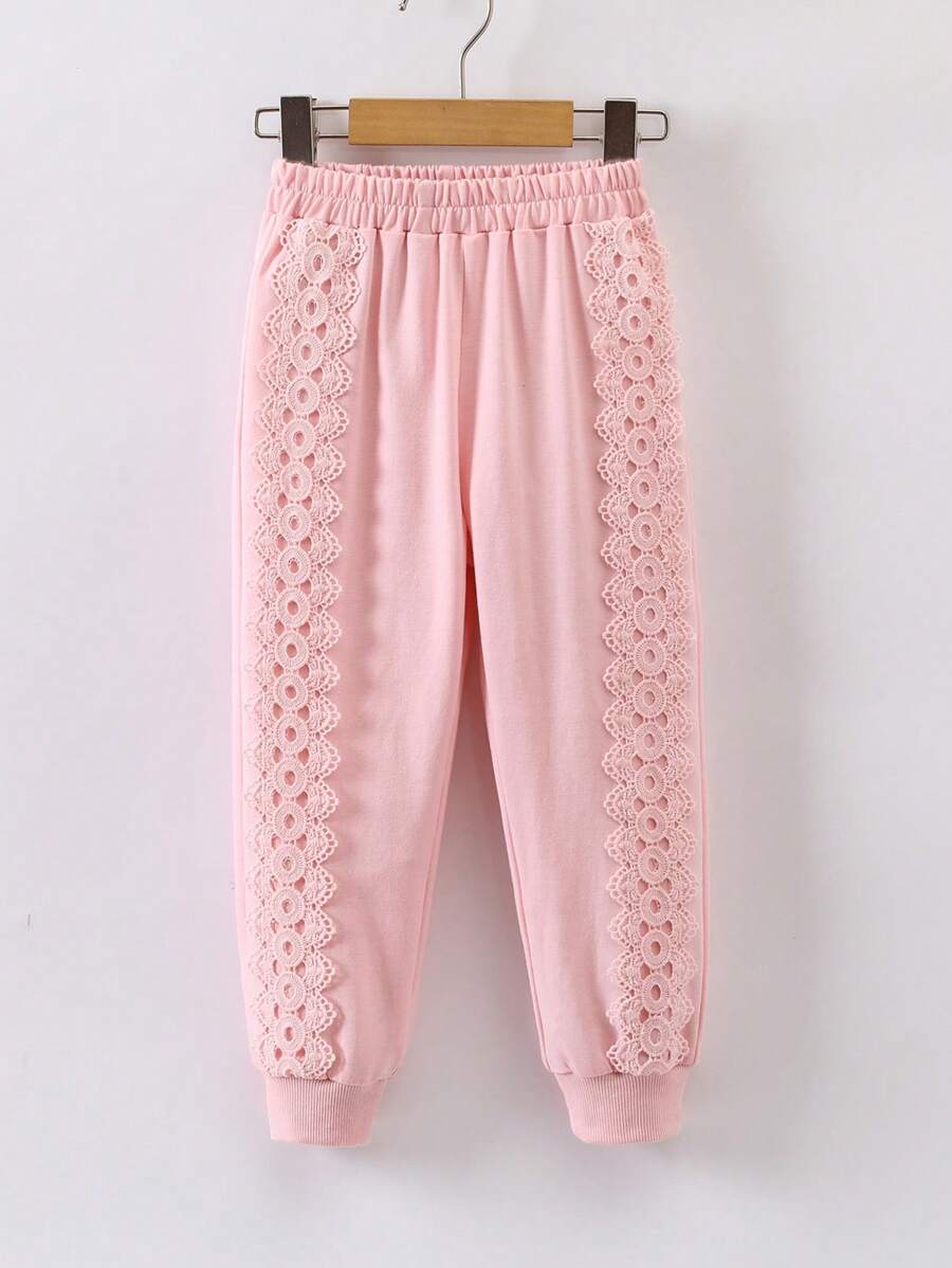 SHEIN 女小童拼接水溶蕾絲衛褲