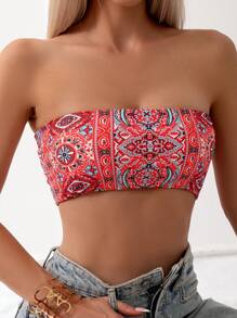 SHEIN Swim Allover Print Lace Up Backless Bandeau Bikini Top