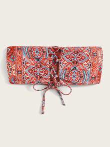 SHEIN Swim Allover Print Lace Up Backless Bandeau Bikini Top