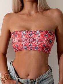 SHEIN Swim Allover Print Lace Up Backless Bandeau Bikini Top