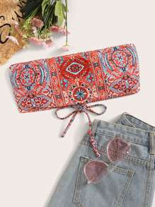 SHEIN Swim Allover Print Lace Up Backless Bandeau Bikini Top