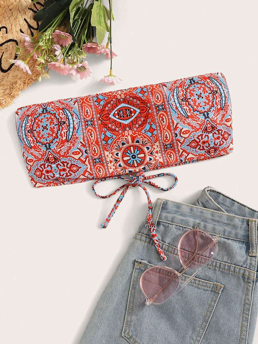 SHEIN Swim Allover Print Lace Up Backless Bandeau Bikini Top