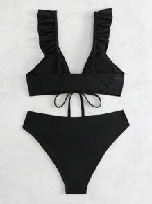 Ruffle Trim Tie Front Bikini Set For Summer Beach - Black - View 6