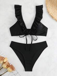 Ruffle Trim Tie Front Bikini Set For Summer Beach - Black - View 7
