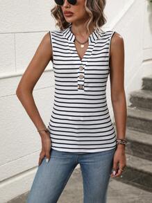 EMERY ROSE 经典条纹印花半扣背心，木质纽扣装饰，女士通勤及度假上衣 - 黑與白 - 查看 6