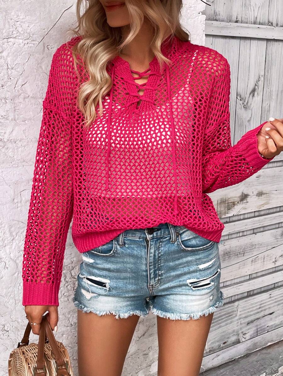 SHEIN VCAY 前繫帶落肩袖鏤空針織套頭毛衣不附文胸 - 玫紅色 - 查看 1