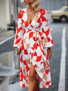 SHEIN Clasi 幾何印花燈籠袖圍裹側打結連衣裙 - 彩色 - 查看 5