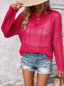 SHEIN VCAY 前繫帶落肩袖鏤空針織套頭毛衣不附文胸 - 玫紅色 - 查看 4