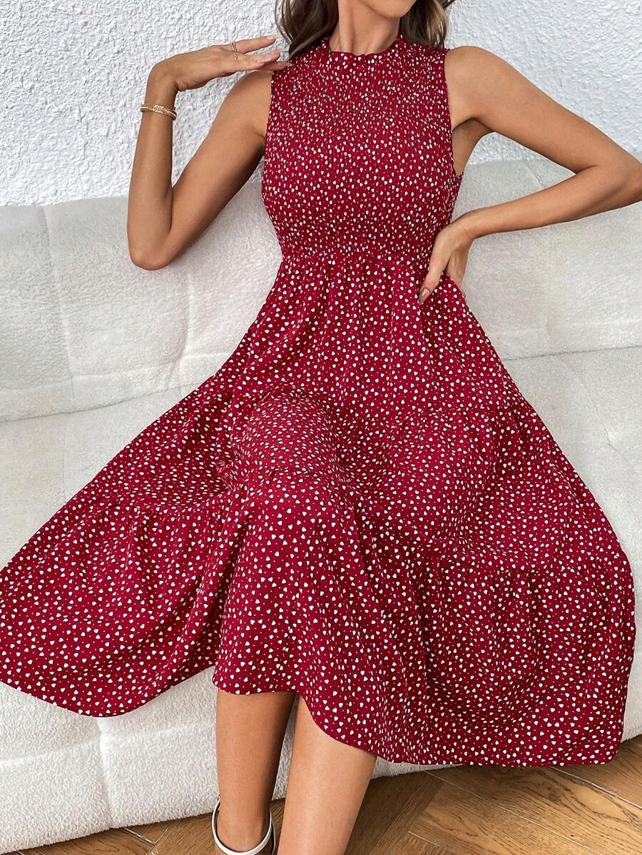 SHEIN Clasi 滿版心形印花荷葉邊洋裝 - 紅色 - 查看 1
