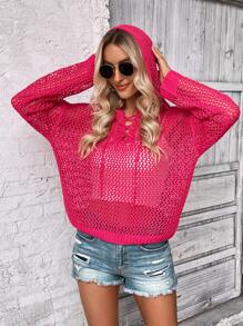 SHEIN VCAY 前繫帶落肩袖鏤空針織套頭毛衣不附文胸 - 玫紅色 - 查看 6