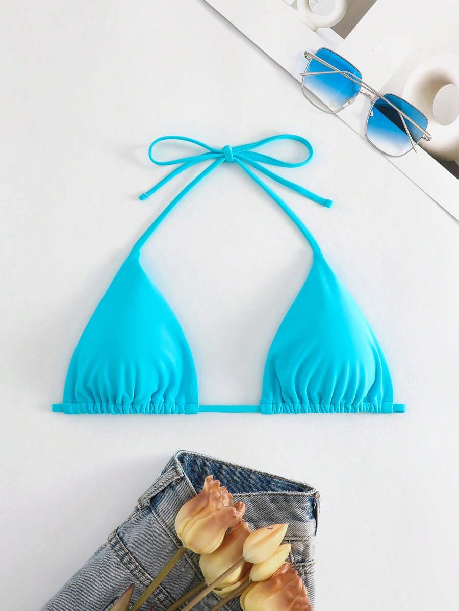Swim Basics Summer Beach Halter Triangle Bikini Top - Baby Blue - View 1