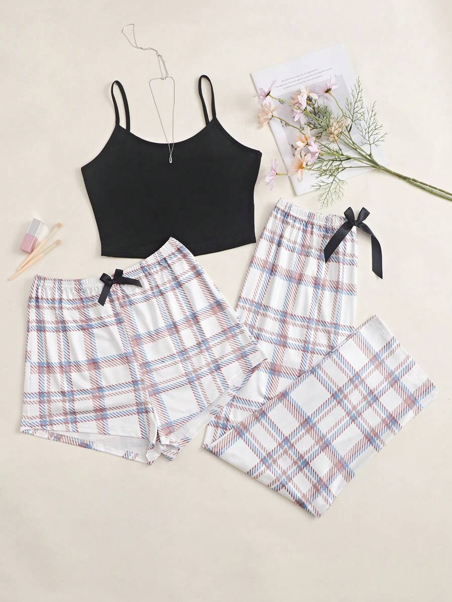 3pcs Plaid Print Bow Front PJ Set / Pajama Set Bow Tie - Black - View 1