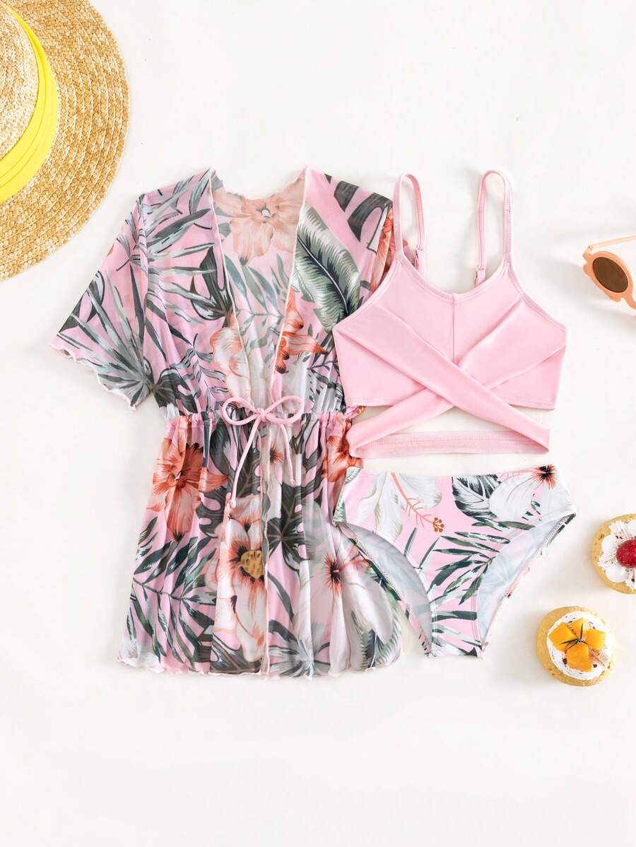 Young Girl 3packs Tropical Print Bikini Set With Kimono Matching Set Summer Beach - Pink - View 1