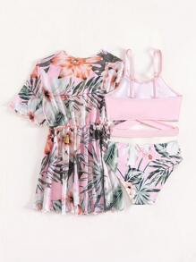 Young Girl 3packs Tropical Print Bikini Set With Kimono Matching Set Summer Beach - Pink - View 2