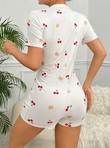 櫻桃圖案前紐扣連體睡衣 - 白色 - 查看 2
