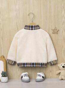 SHEIN Baby Girl Contrast Plaid Trim Teddy Jacket - Beige - View 2