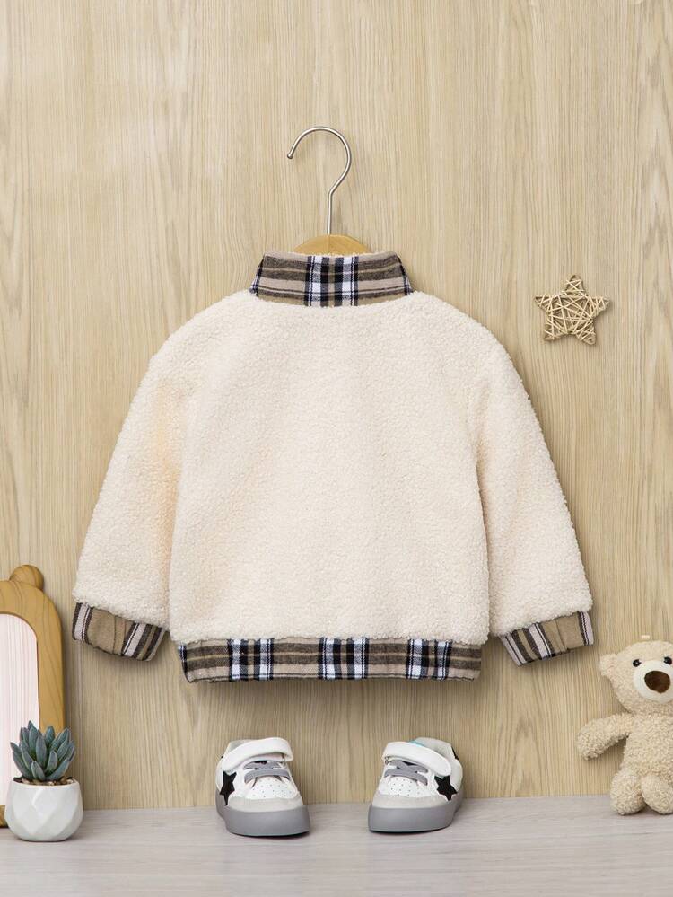Baby Girl Contrast Plaid Trim Teddy Jacket