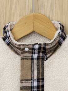 SHEIN Baby Girl Contrast Plaid Trim Teddy Jacket - Beige - View 3