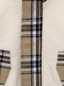 SHEIN Baby Girl Contrast Plaid Trim Teddy Jacket - Beige - View 5