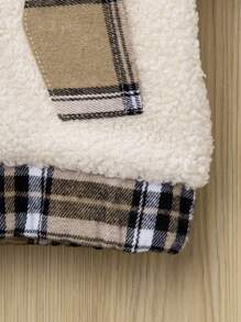 SHEIN Baby Girl Contrast Plaid Trim Teddy Jacket - Beige - View 7