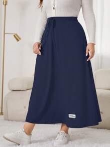 Mulvari 大碼腰部抽繩字母補丁細節前打結半身裙 - 藏蓝色 - 查看 6