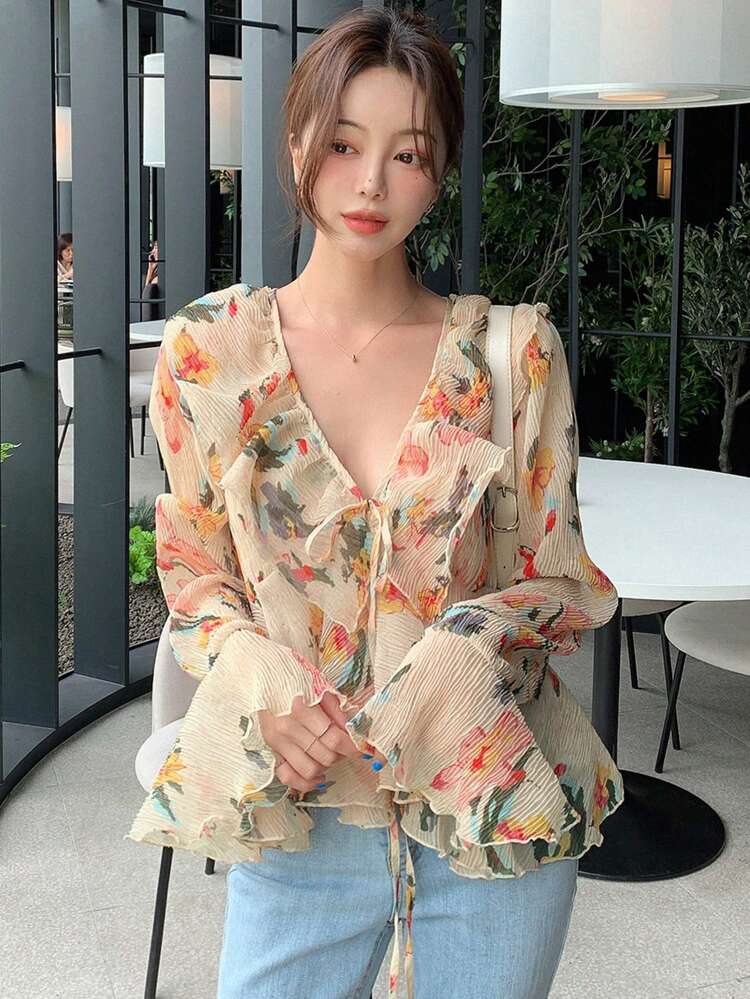 Floral Print Ruffle Trim Flare Sleeve Blouse Fall Long Sleeve Vacation Outfits Women Boho