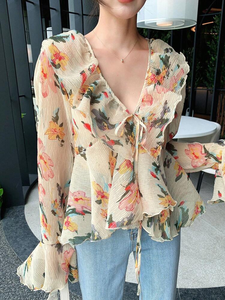 Floral Print Ruffle Trim Flare Sleeve Blouse Fall Long Sleeve Vacation Outfits Women Boho