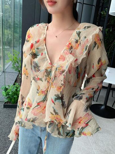 DAZY Bluse mit Blume Muster, Rüschensaum und Glockenärmeln, Langarm Outfit für den Herbst, Urlaubs-Look für Frauen im Boho-Stil