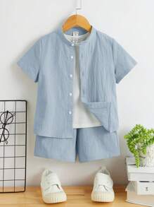 SHEIN Young Boy Button Front Shirt & Shorts Without Tee - Baby Blue - View 1