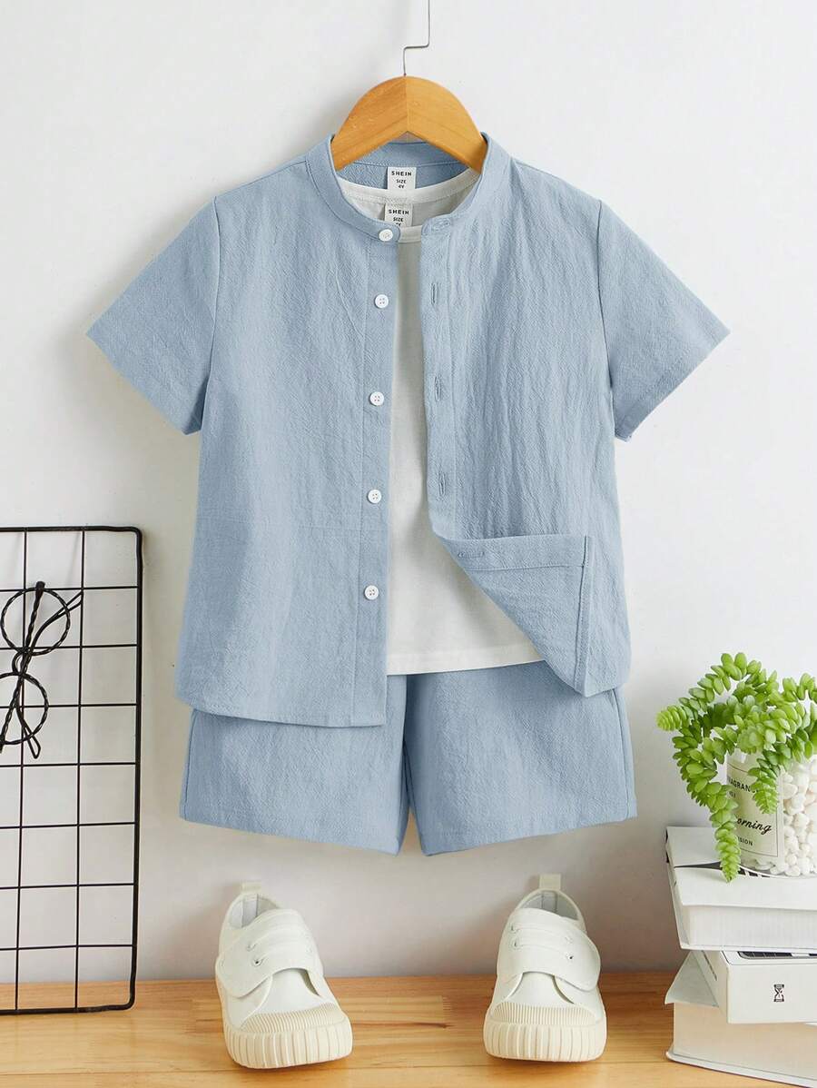 SHEIN Young Boy Button Front Shirt & Shorts Without Tee - Baby Blue - View 1